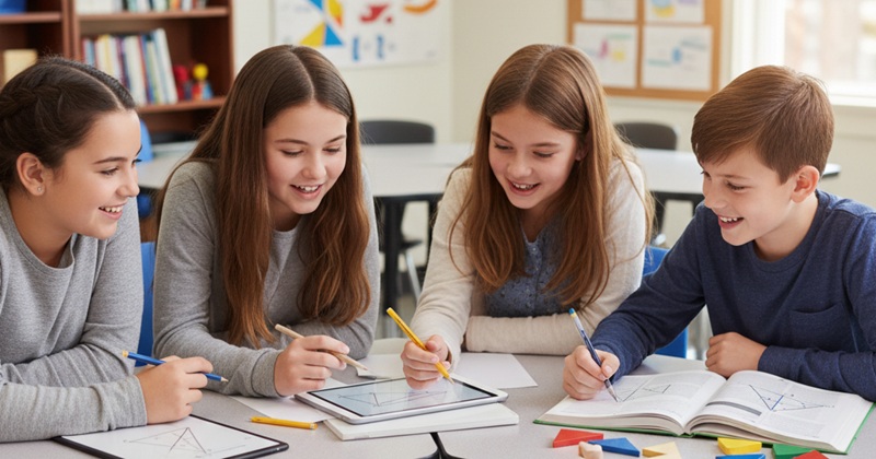 Students engaged in hands-on learning during geometry classes as part of a math enrichment program